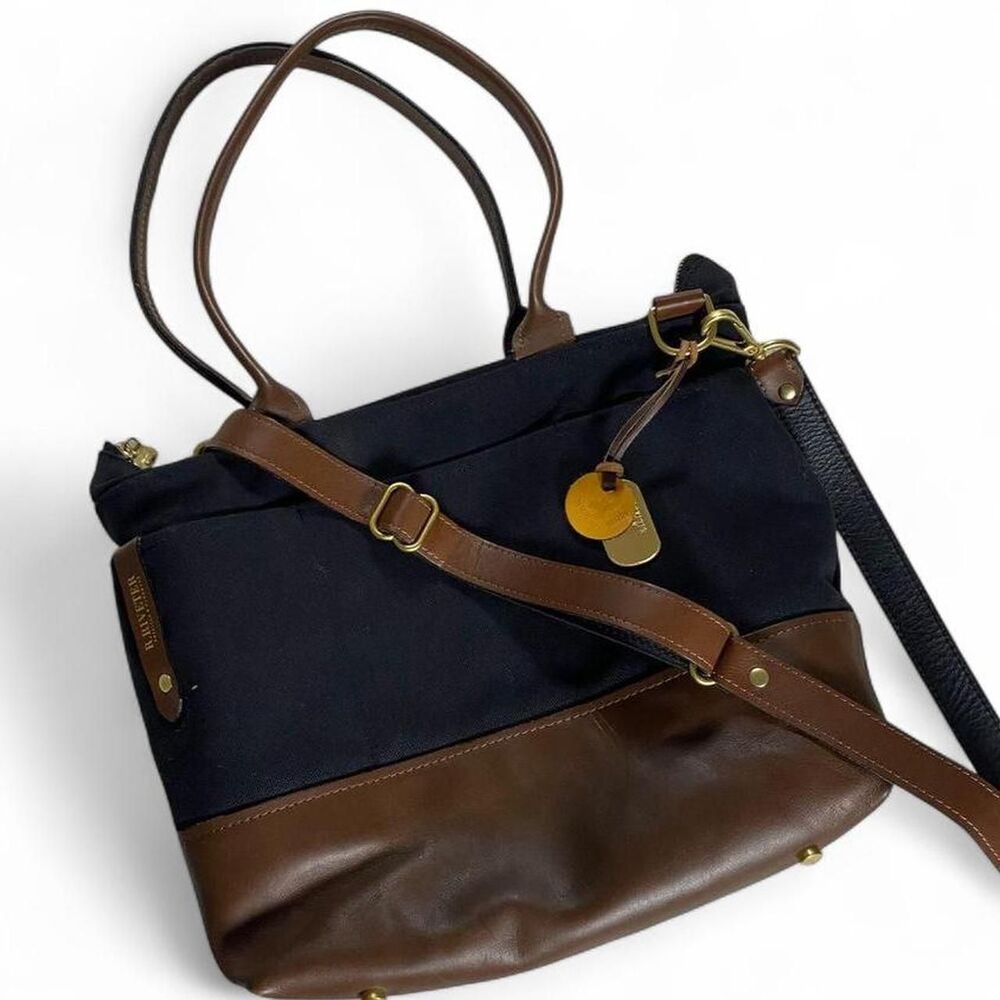 R. Riveter Otto Signature Black Canvas Brown Leather Crossbody Tote